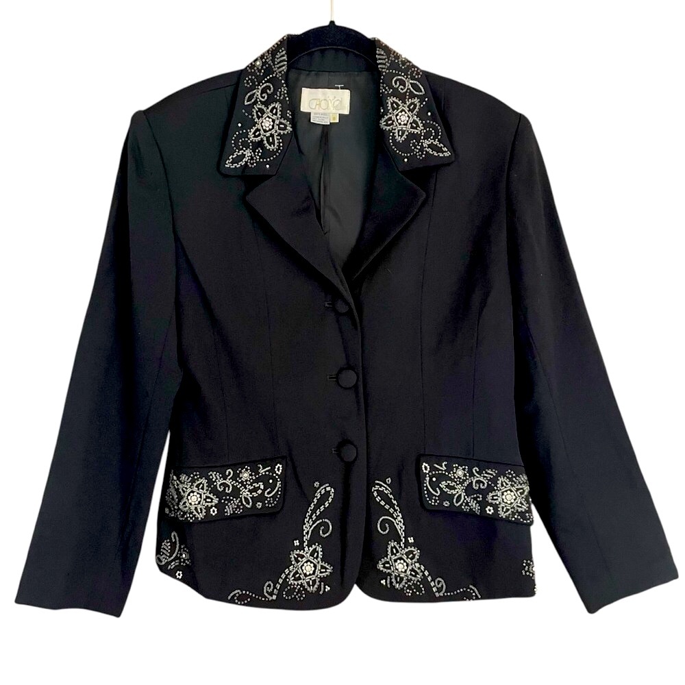 RARE Vtg Cache beaded jeweled 3 button black wool jacket top blazer unworn